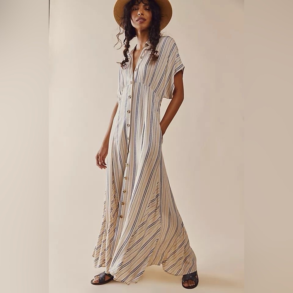 Free People Rowan Cream and Blue Striped Maxi Dress